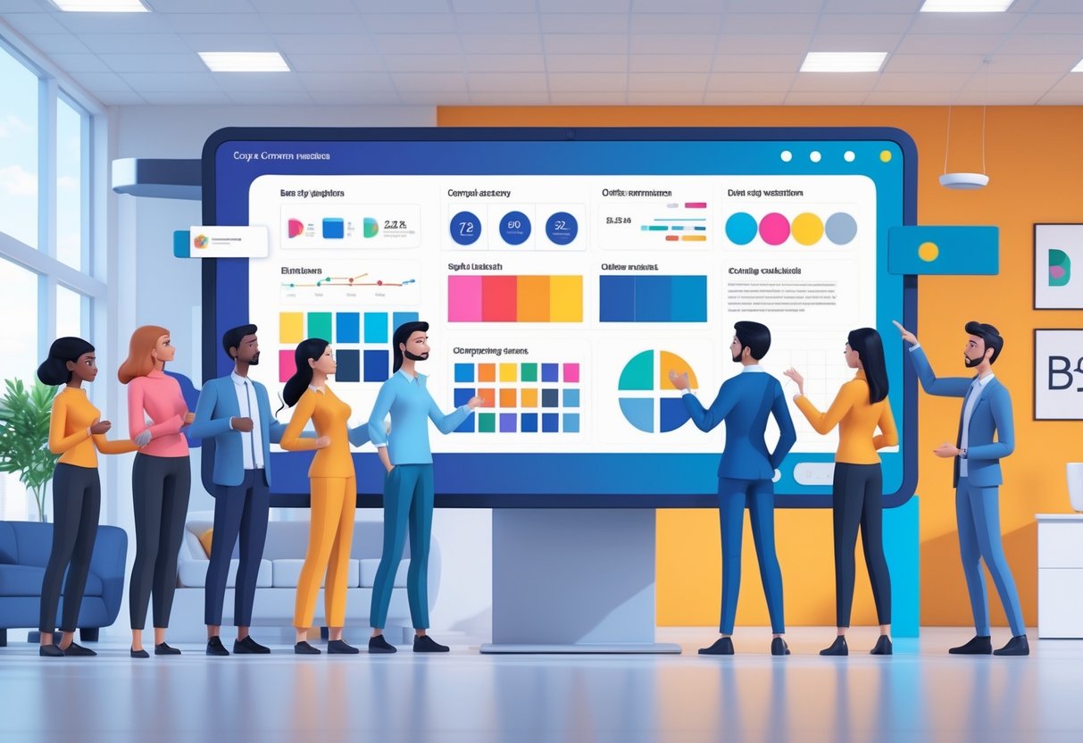 A group of people working together in an office around a large screen showing brand elements like logos and colour palettes.