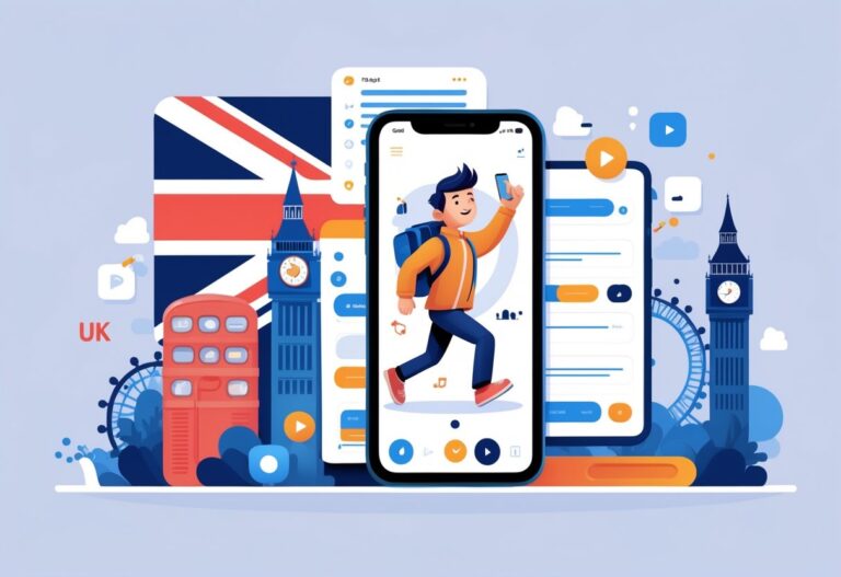A smartphone showing a 2D animated character with UK landmarks faintly visible in the background.