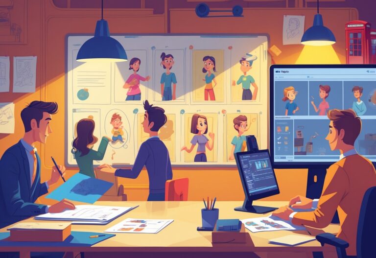 A scene showing people working through stages of 2D animation production from writing to final review in a UK setting.