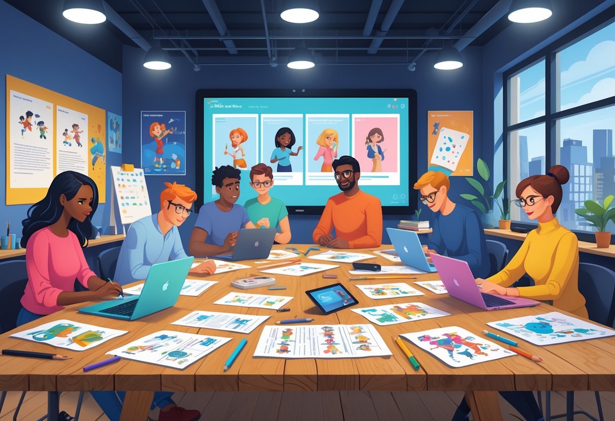 A group of people working together around a table with storyboards, scripts, and laptops in a bright studio with a screen showing 2D animation frames.
