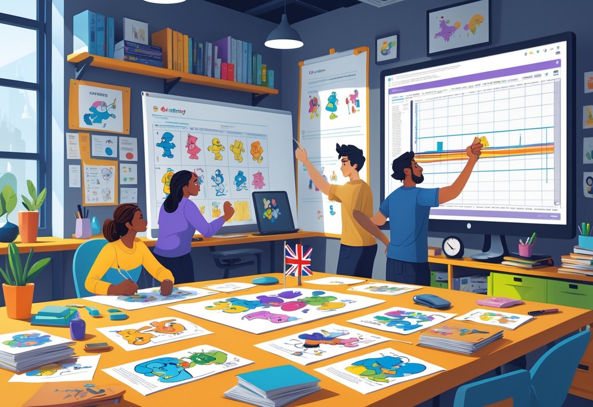 A group of people working together around a table covered with storyboards and sketches in a bright room, planning a 2D animation project.