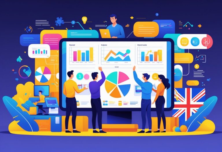 A group of people working together around a large screen showing animated product visuals with UK landmarks in the background.