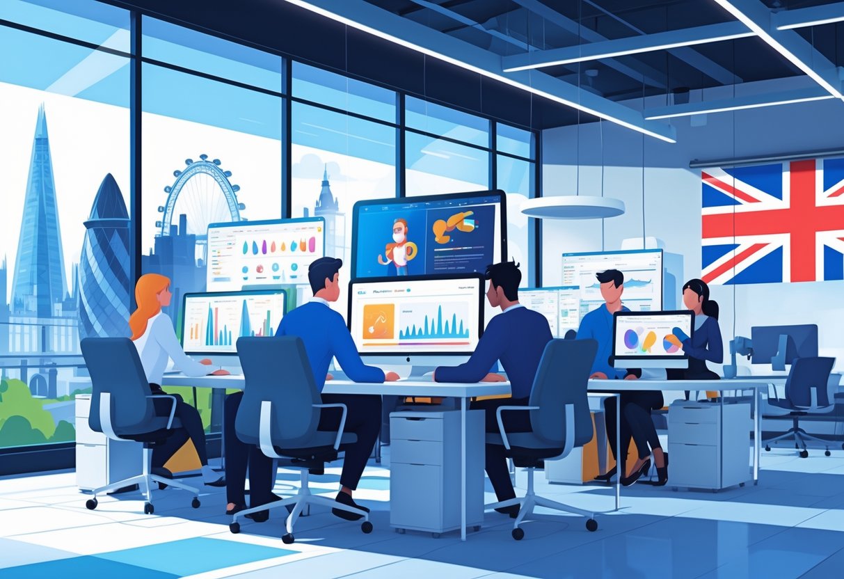 A group of creative professionals working together in a modern office with computers showing 2D animation software and app designs, with a view of London landmarks outside the window.