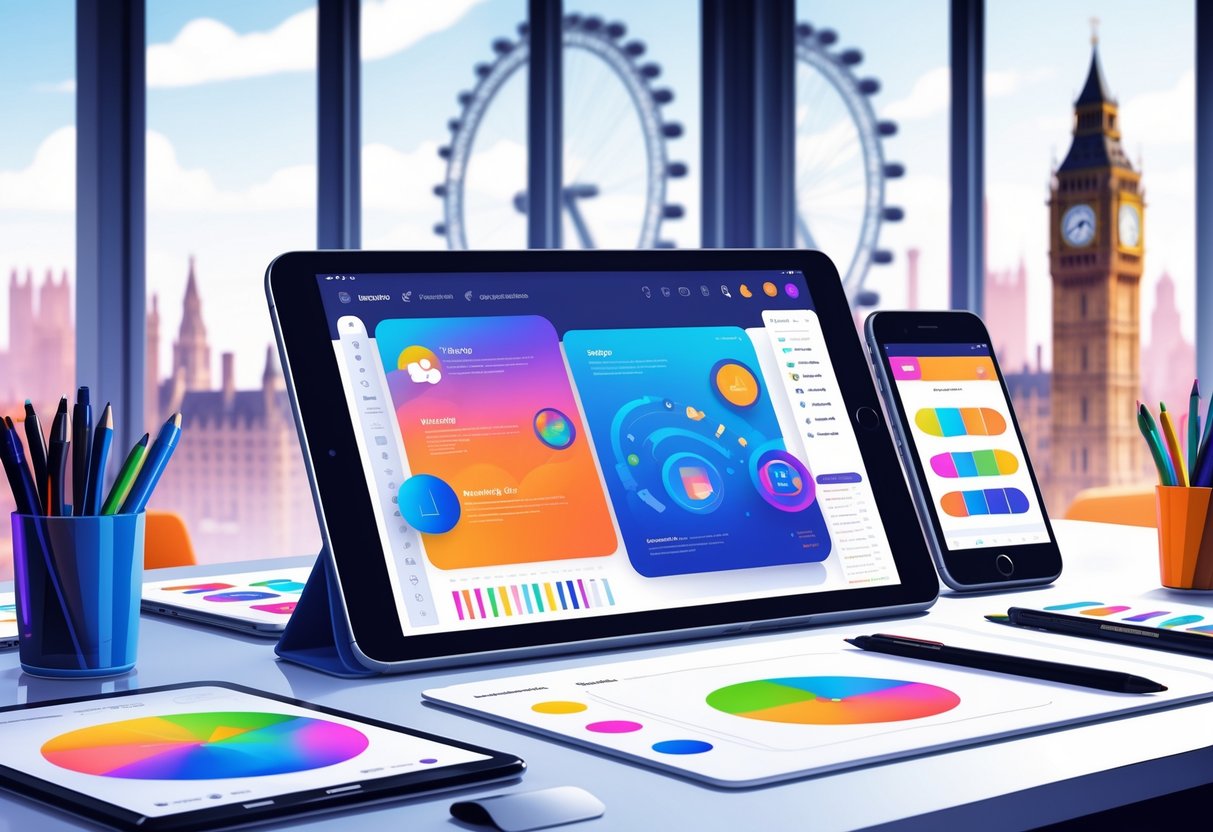 A workspace with a tablet and smartphone showing 2D animation, surrounded by creative tools and faint outlines of UK landmarks in the background.