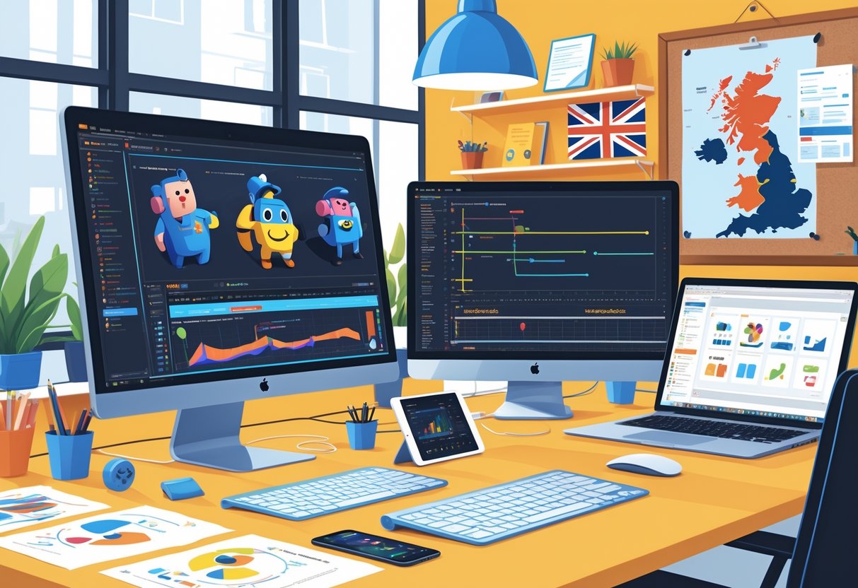 A workspace with digital devices showing 2D animation and app development tools, surrounded by notes and storyboards, with UK-themed decorations in the background.