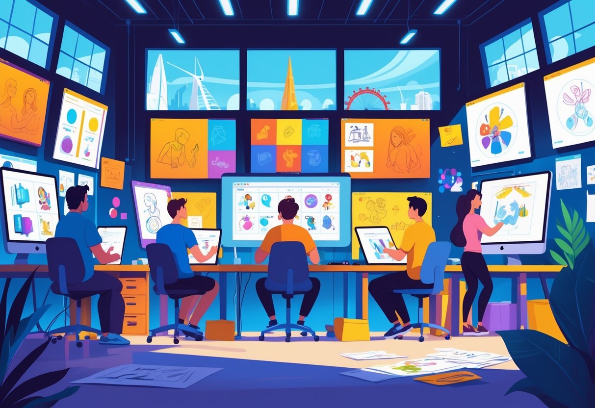 A busy animation studio with artists working on 2D animation, showing screens with animation frames and storyboards, with a view of London landmarks in the background.
