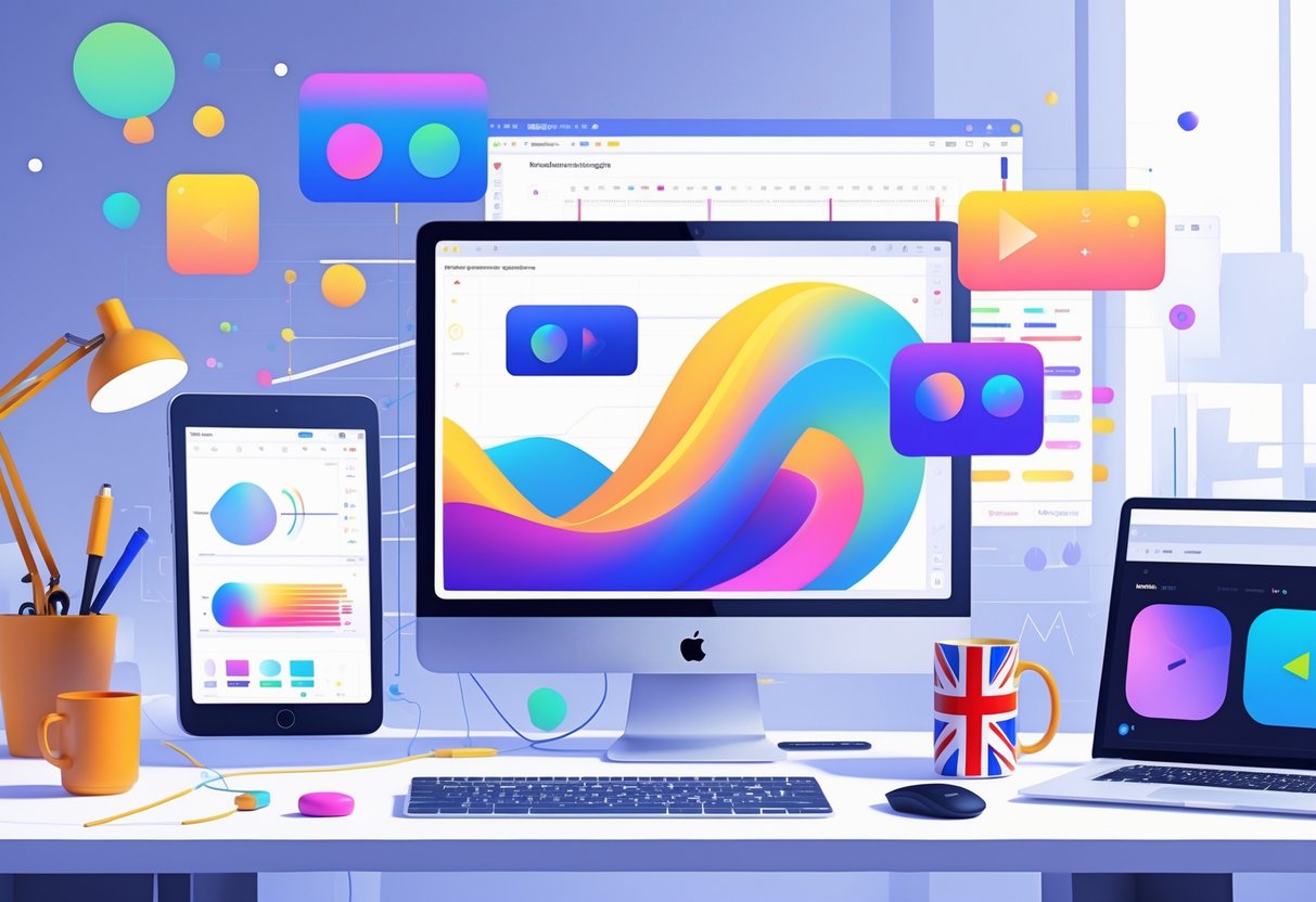 A modern workspace with digital devices showing 2D animations being created, surrounded by animation tools and design elements.