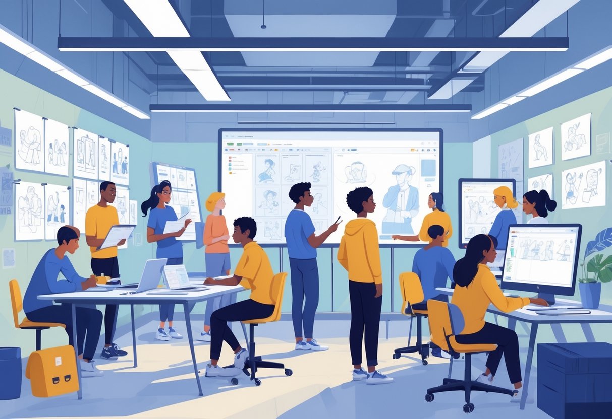 A group of students and an instructor working together on different stages of 2D animation in a classroom setting with computers, storyboards, and animation tools.