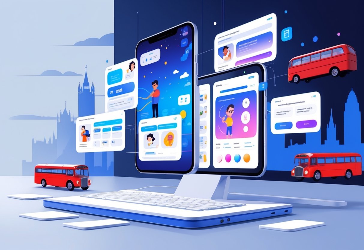 A digital workspace showing floating screens with colourful 2D animations, set against a background featuring the London skyline.