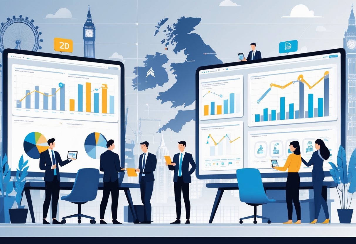 People analysing digital charts and graphs about 2D animation and apps in an office with a UK map and landmarks in the background.