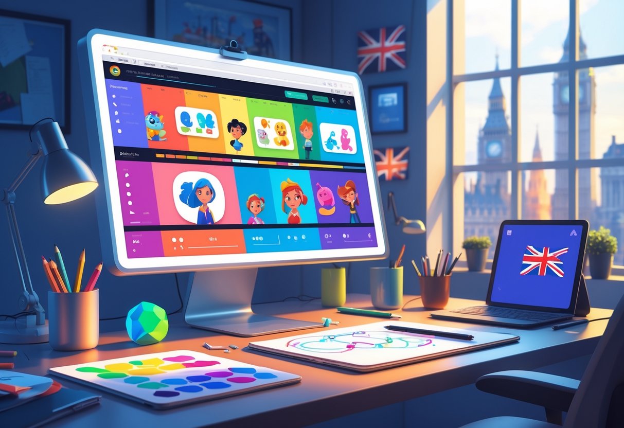 A workspace with a computer showing 2D animation, drawing tools, and a window with a view of London landmarks.