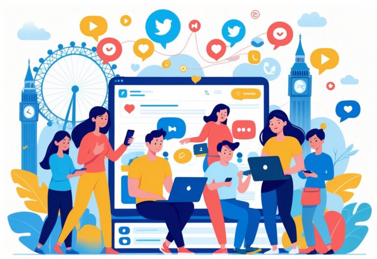 Animated characters interacting with social media icons and digital devices, with UK landmarks in the background.