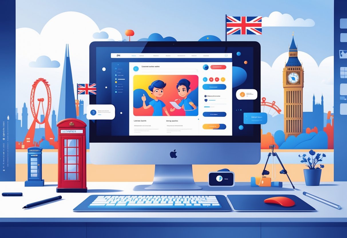 A computer monitor showing a colourful 2D animated character interacting with website elements, with subtle UK landmarks and design tools around the workspace.