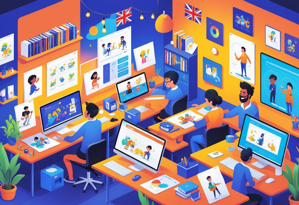 A busy animation studio with artists working on computers and drawing tablets, creating 2D animations for websites, with British-themed decorations in the background.