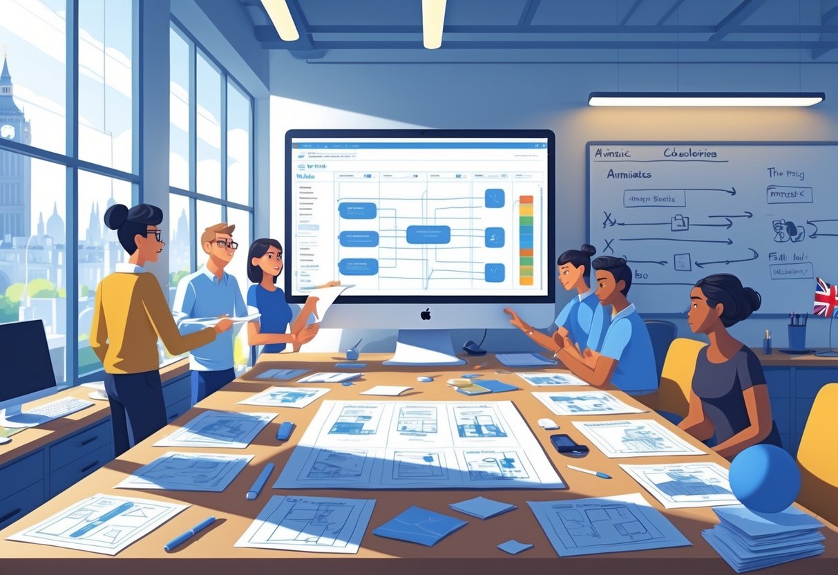 A team of animators working together at a table covered with storyboards and digital tablets, with a computer screen showing an animation timeline and a whiteboard filled with notes in a bright office space.
