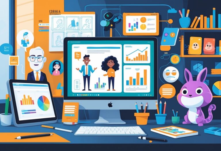 A creative studio scene showing various 2D animated characters and elements, including storyboards, digital animation tools, and characters in motion.