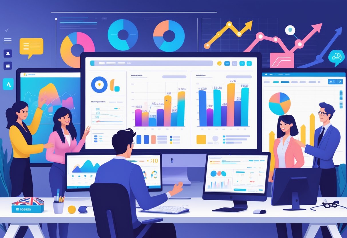 A team of professionals working together in an office, analysing charts and animated content on screens to measure success and return on investment.