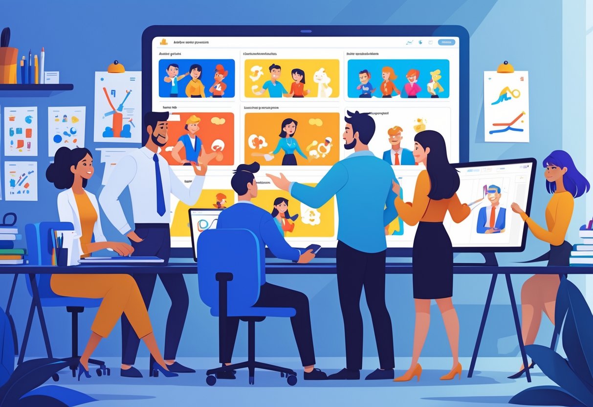 A group of professionals collaborating around a digital screen showing 2D animation designs in a bright office setting.
