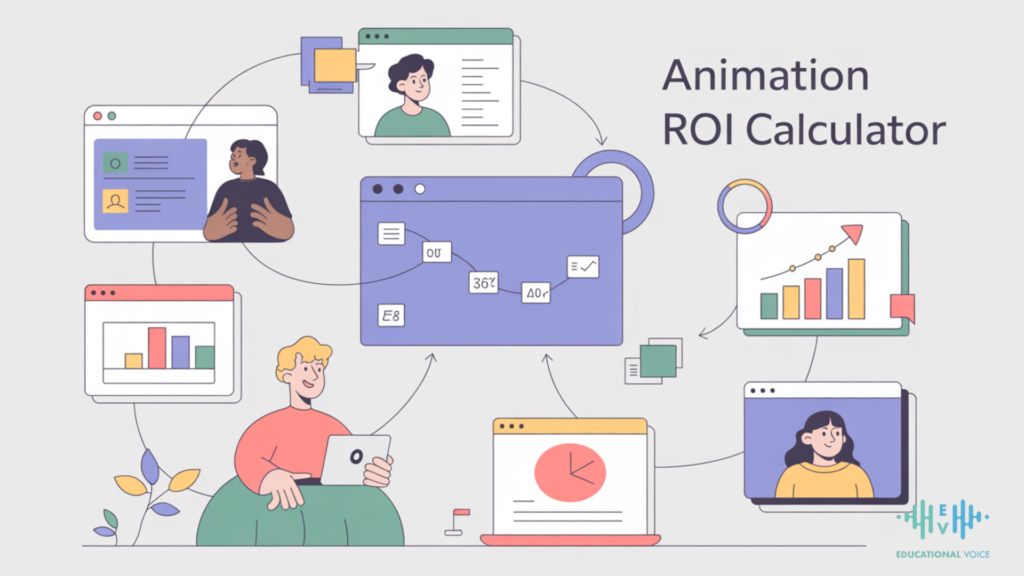 Illustration of diverse people using laptops and charts connected by lines, highlighting Animation ROI and featuring the text "Animation ROI Calculator," with the Educational Voice logo in the corner. Perfect for Explainer Video insights.